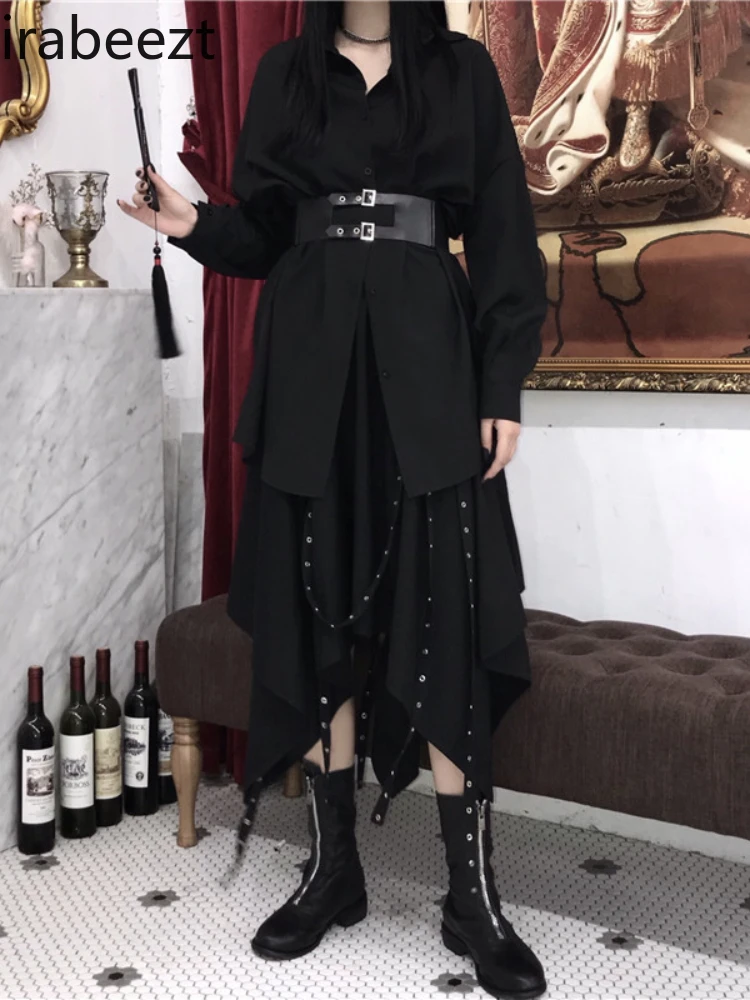 Women 2024 Spring New Streetwear Punk Style Woven Belt Buckle Chiffon MIDI Korean Fashion Clothing Irregular Long Skirts