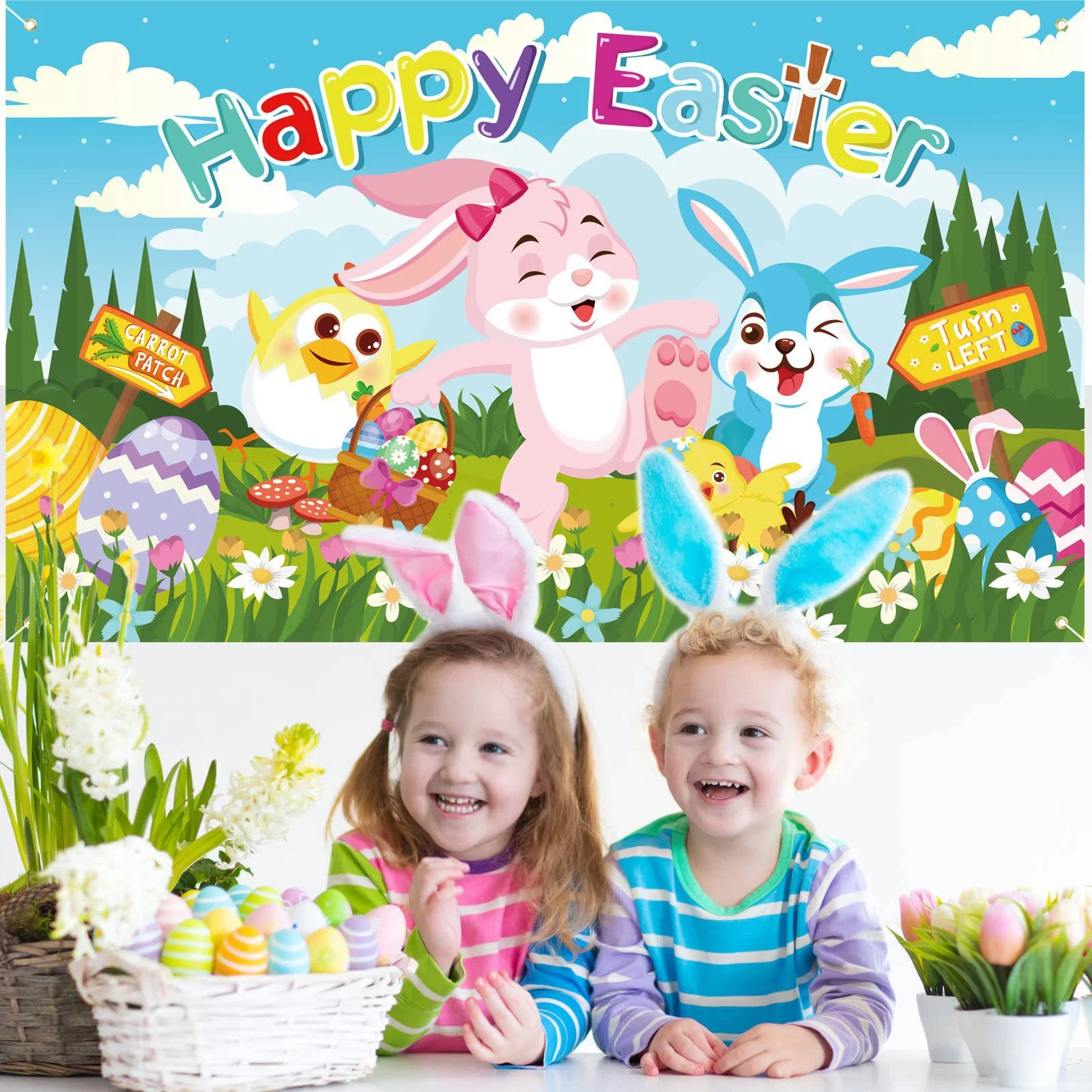 Spring Easter Theme Eggs Arch Flowers Garden Kid Birthday Party Supplies Vinyl Background Children Room Deco Photography Prop