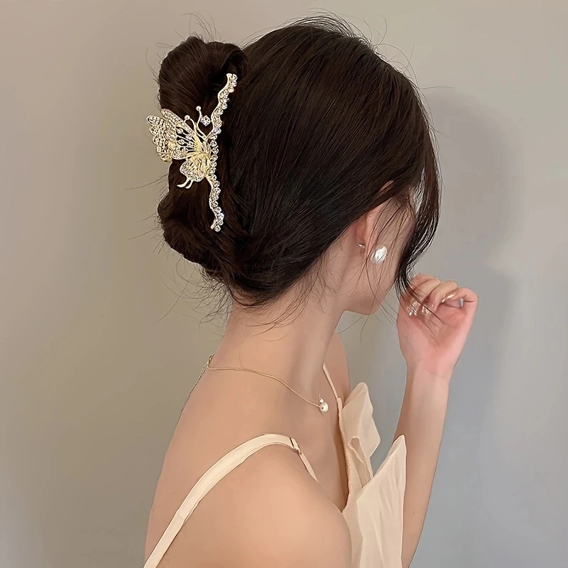 1pc zinc alloy rhinestone temperament butterfly hair ornament, elegant high-end headdress, simple and light luxury grab clip, su