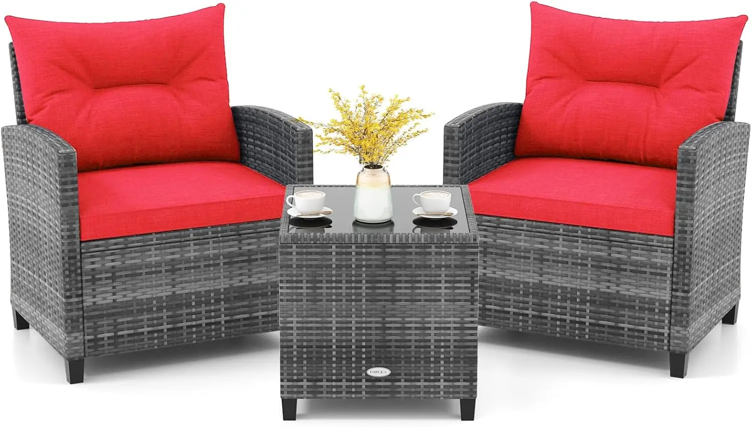 3 Piece Patio Furniture Set, Outdoor PE Rattan Conversation Set with Washable Cushions & Tempered Glass Tabletop, Wicker Chairs