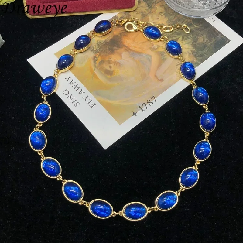 Draweye Exquisite Blue Necklace for Women Vintage Elegant Luxury Medieval Style Jewelry Azure Stone Simple Collares Para Mujer