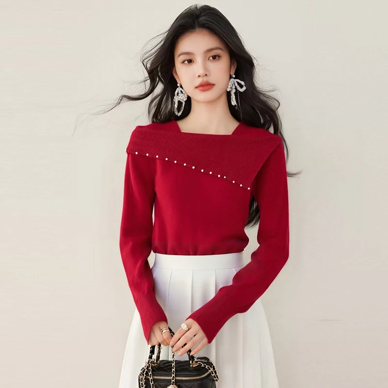 

2025 Autumn Winter Women Slash Neck Beaded Red Sweater Long Sleeve Knitted Bottoming Solid Pullovers Women Casual Tops