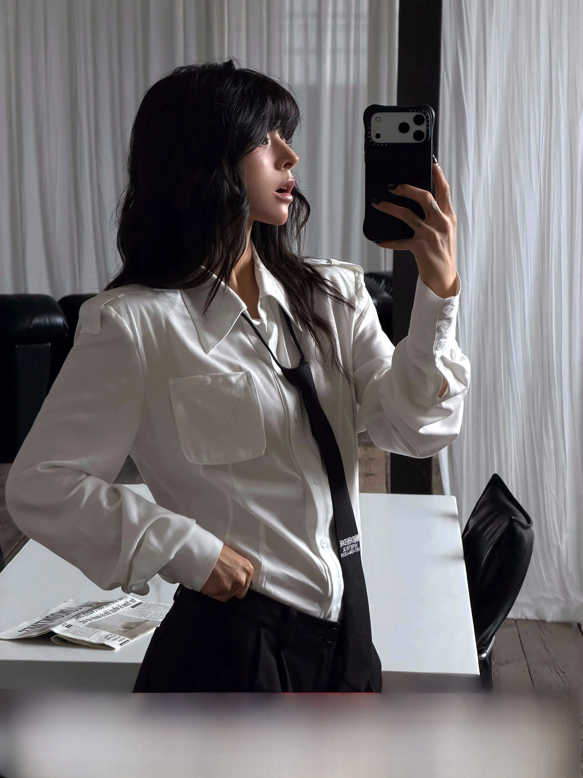 Slimming Pad Shoulder White Shirt Warden Casual Style Fitted Shirt Long Sleeve Thin Fabric Regenerated Cellulose Fiber