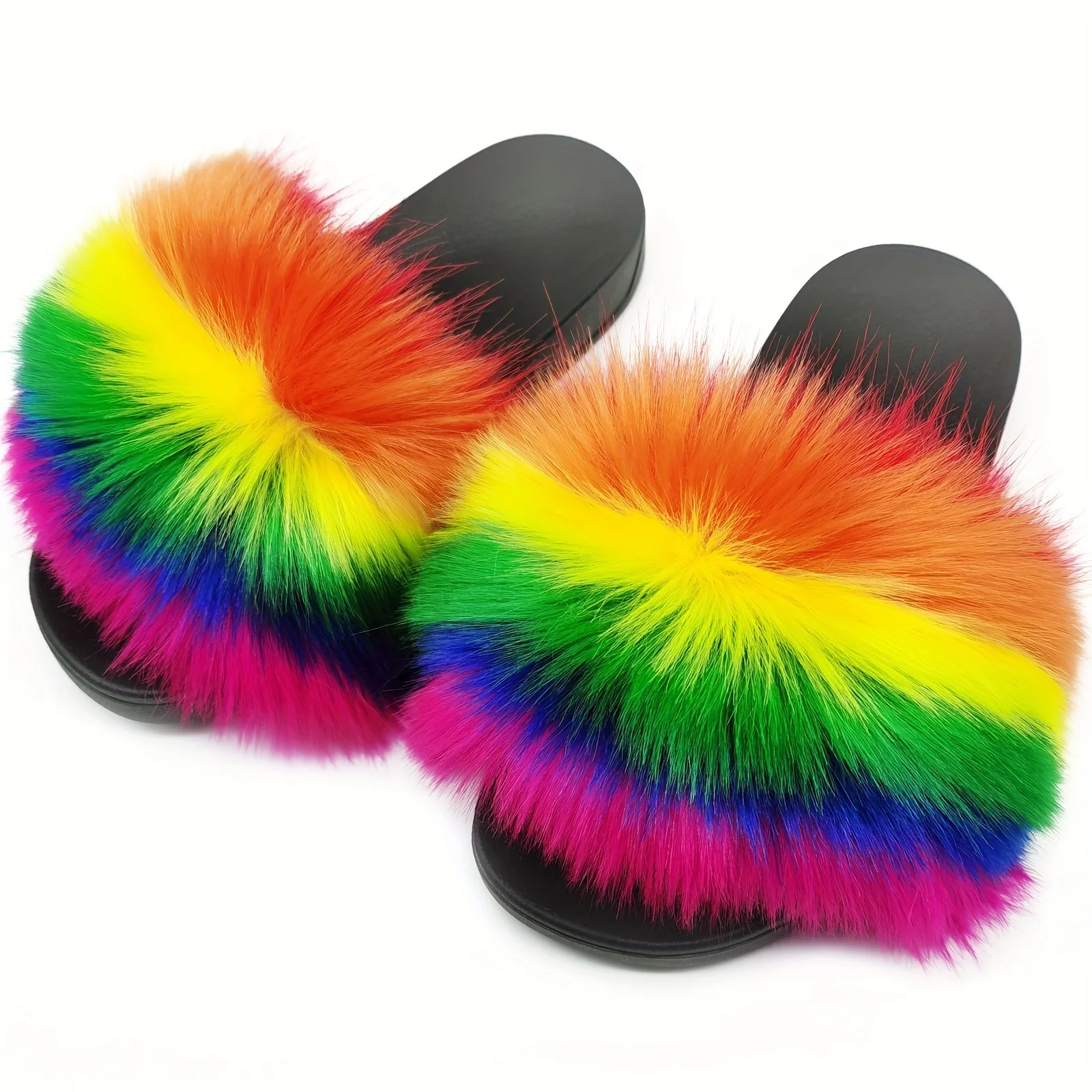 Women\'s Summer Rainbow Faux Fur Slippers Thick Non-slip Soles Breathable Home Fur Slides Outdoor Flip Flops Fuzzy Sandals