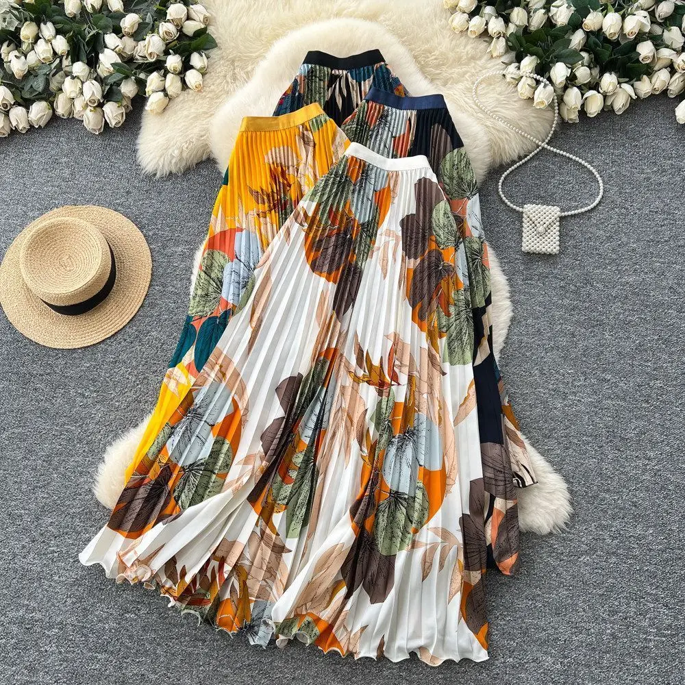 Vintage Print Pleated Skirt Women High-waisted A-line Long Skirts Kawaii Y2k Maxi Skirt High-end Design Clothes Trendy