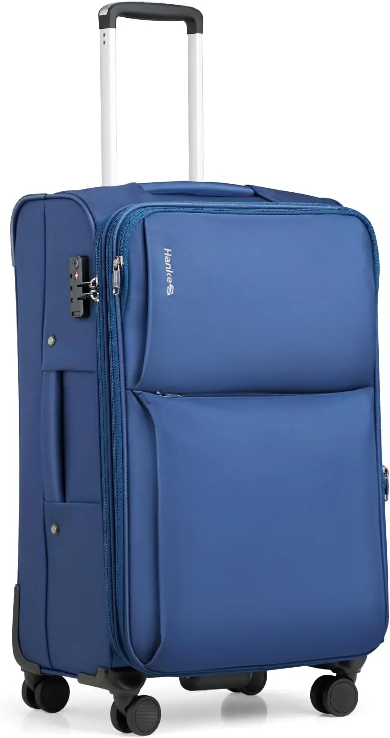 24 Inch Expandable Softside Checked Suitcases with Spinner Wheels, Upright Rolling Travel TSA Luggage Bag for Women Men (Blue)