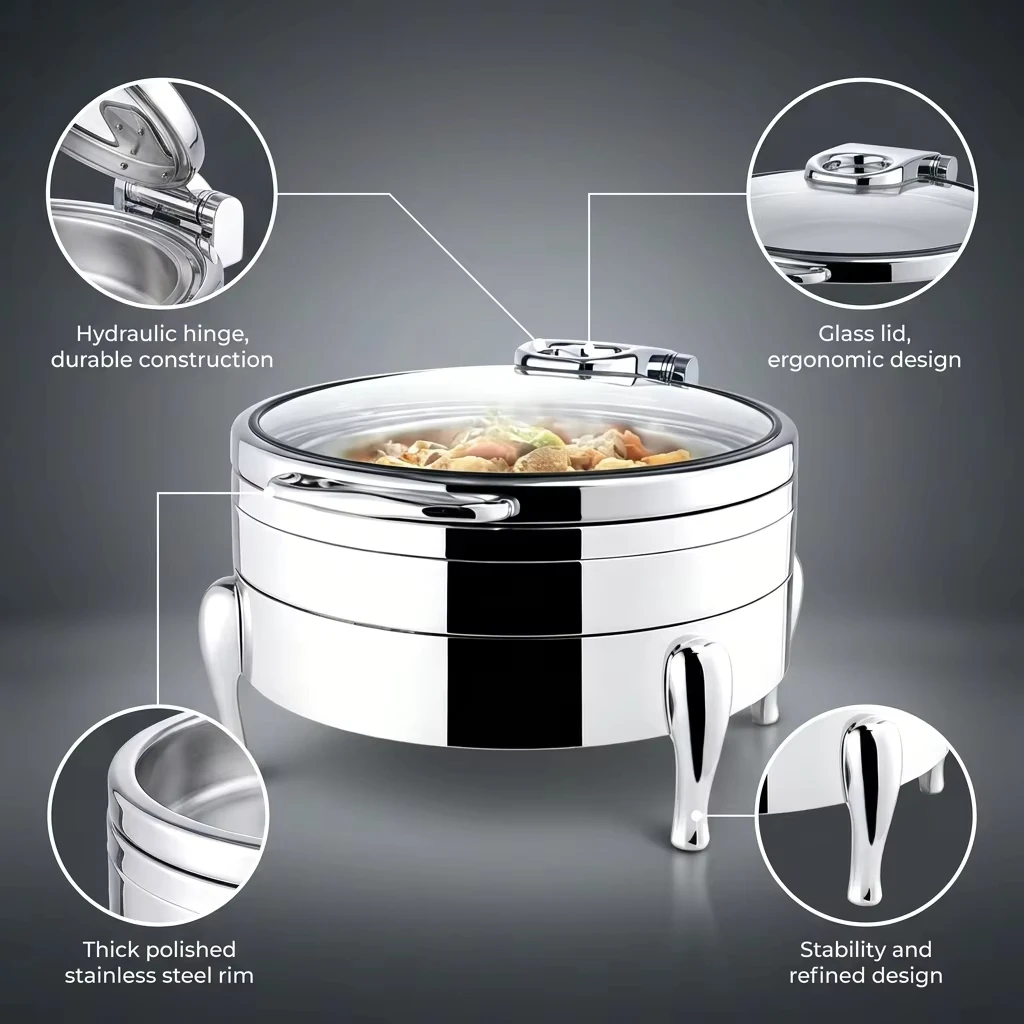 Huadison Gold Round Chafing Dish Stainless Steel Restaurant Catering Buffet Food Warmer Supplier Factory Direct Chafer Set