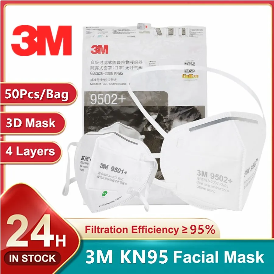 

50Pcs/bag 3M KN95 Face Mask 9501+/9502+ Original Adult Reusable Earloop Headband Approved Wide Soft Band Particles Filtering 95%