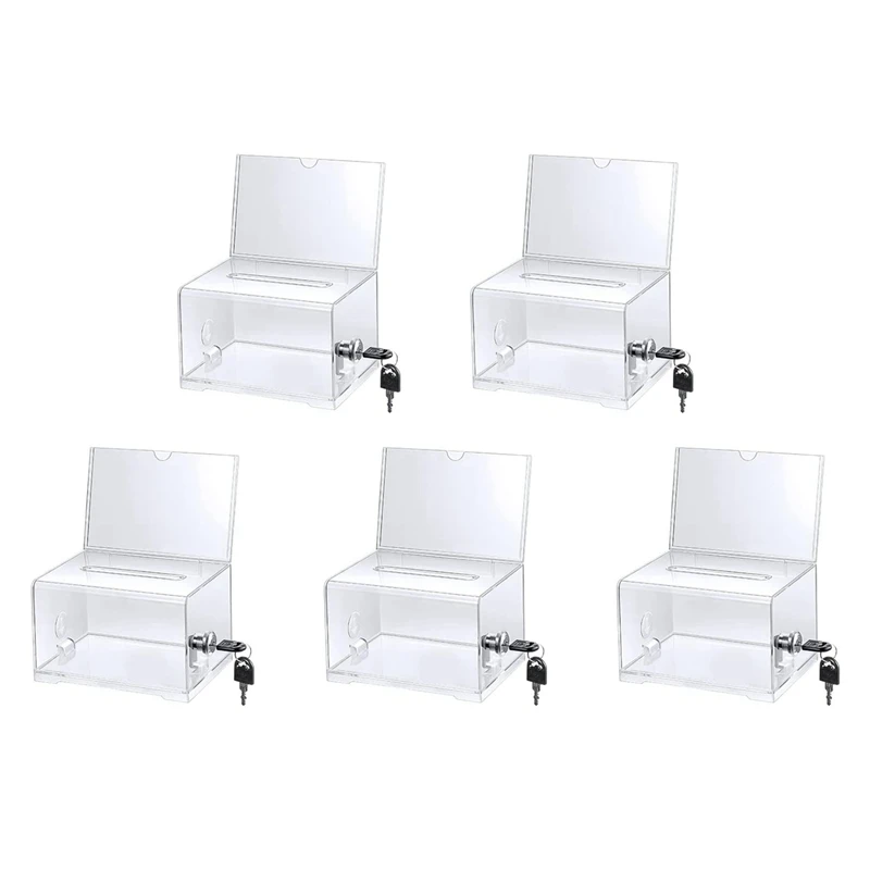 

5 Pack Acrylic Donation Box With Lock, Clear Ballot Box With Sign Holder, Suggestion Box For Fundraising