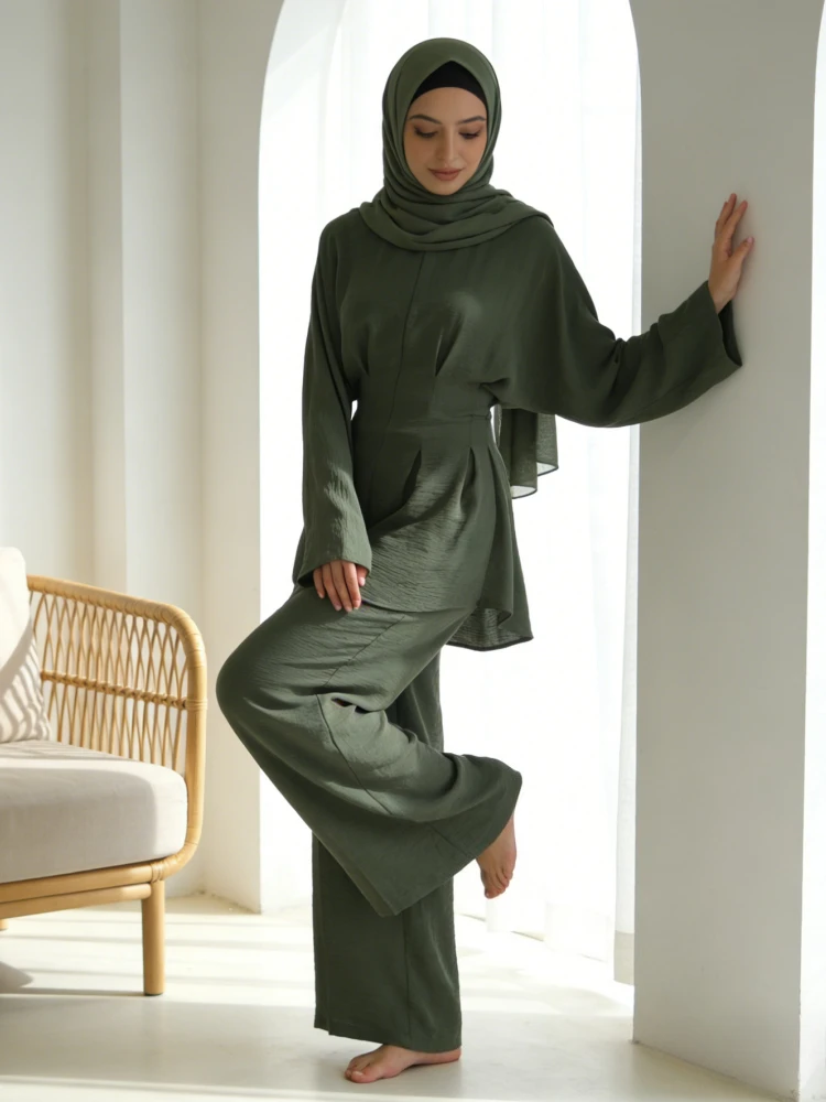 イード女性用シャツとストレートパンツのムスリムセット、2ピースセット、レースアップ、ラマダン、ドバイ、モロッコスーツ、ムスリムアンサンブル、アラブロングパンツ