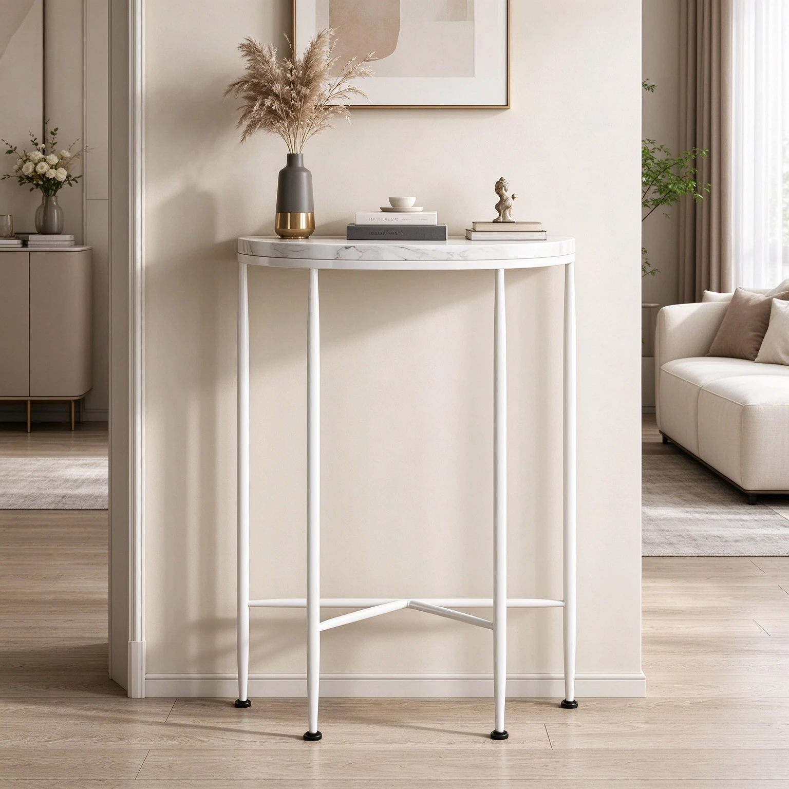 Scandinavian Style Half Moon Console Table, Slim Entryway Hallway Sofa Side Stand for Living Room and Small Apartment Interior