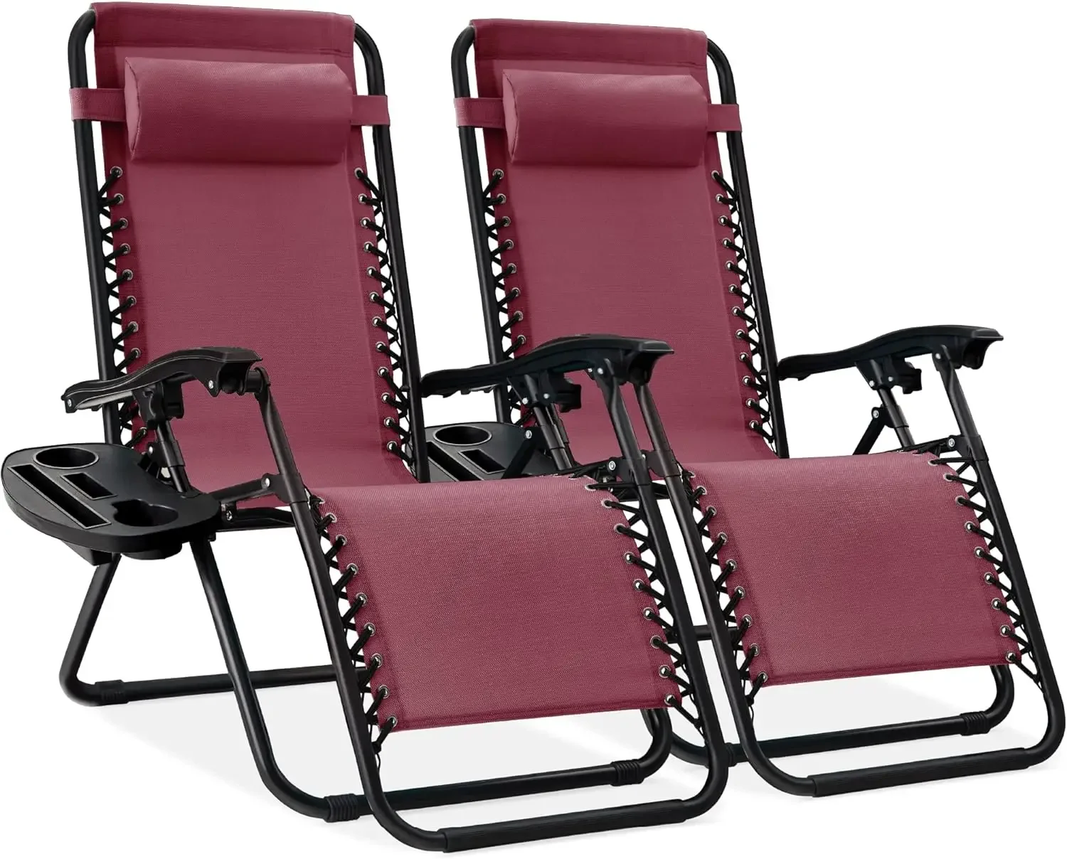 Set of 2 Adjustable Steel Mesh Zero Gravity Lounge Chair Recliners w/Pillows and Cup Holder Trays