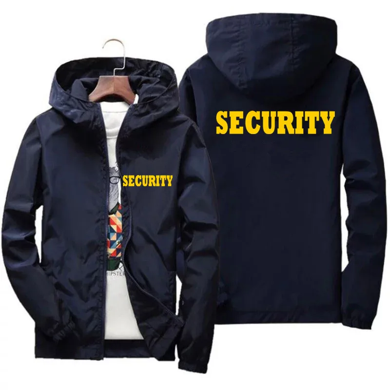 Men's Security Men's T-shirt Event Staff Black Double Sided Windbreaker Zipper Hooded Male Pilot Bomber Jacket Parkas Clothes
