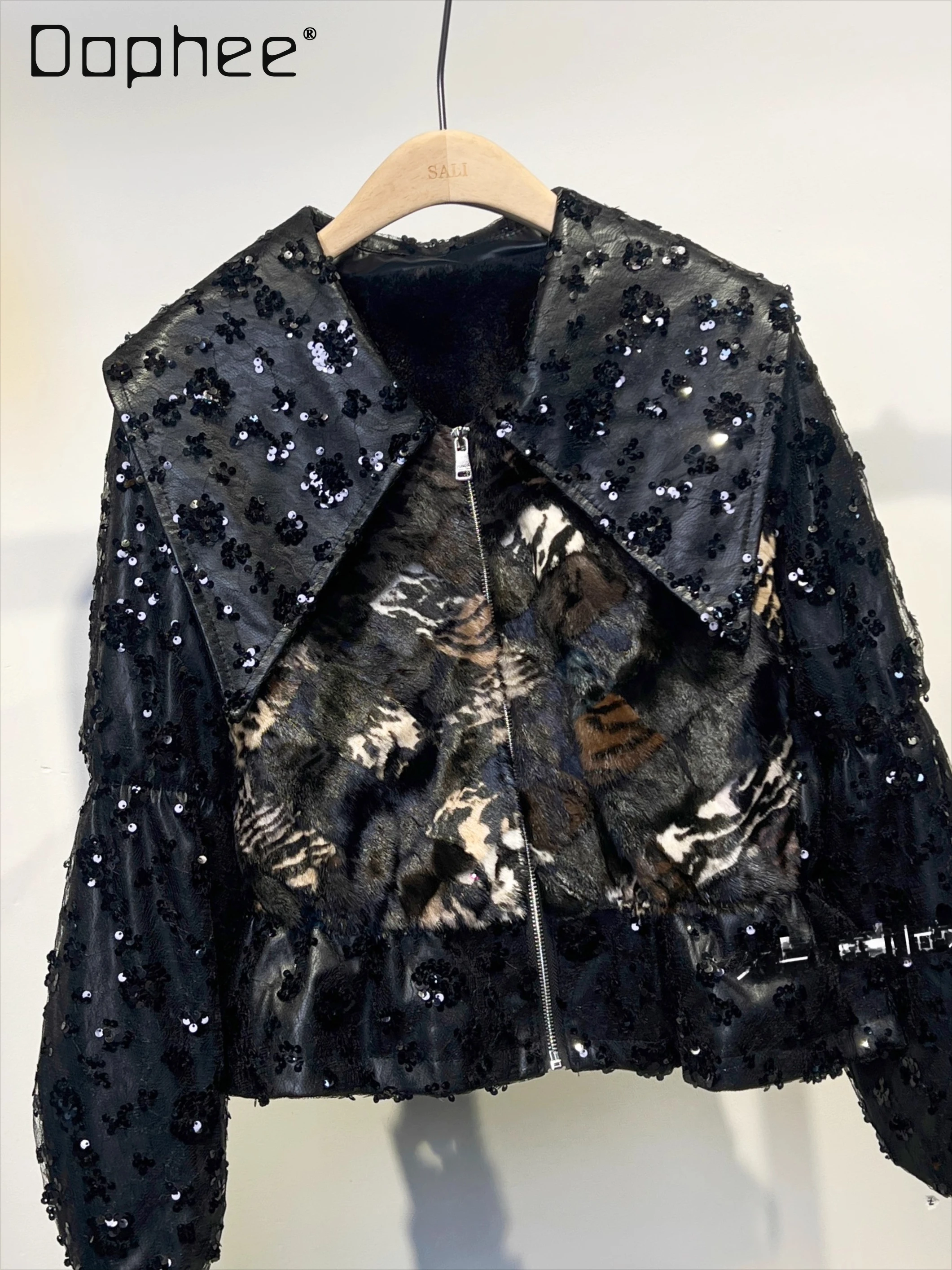 

Heavy Industry Lace Patchwork PU Leather Sequin European Mink Fur Coat for Women 2025 Winter New Fashion Thickened Warm Fur Coat