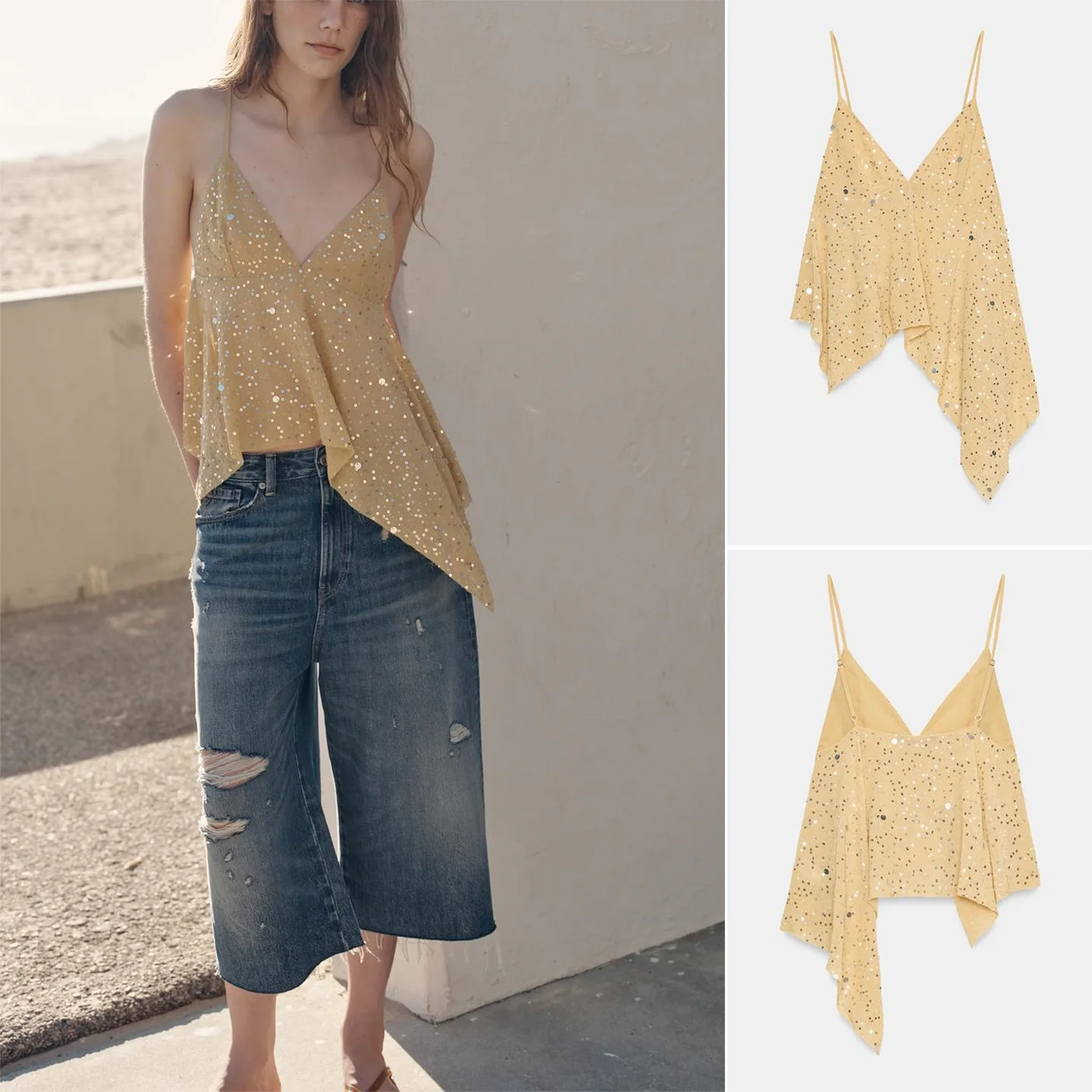 

Summer New Women's Deep V-neck Embroidered Bead Decorated Asymmetric Hem Strap Top Loose Fit Polyester Fiber Outerwear