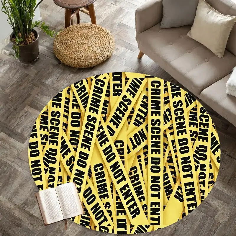 Crime Scene Tape Round Rug Yellow Black Warning Design Flannel Carpet for Game Room Bedroom Decorative Non Slip Washable Floor