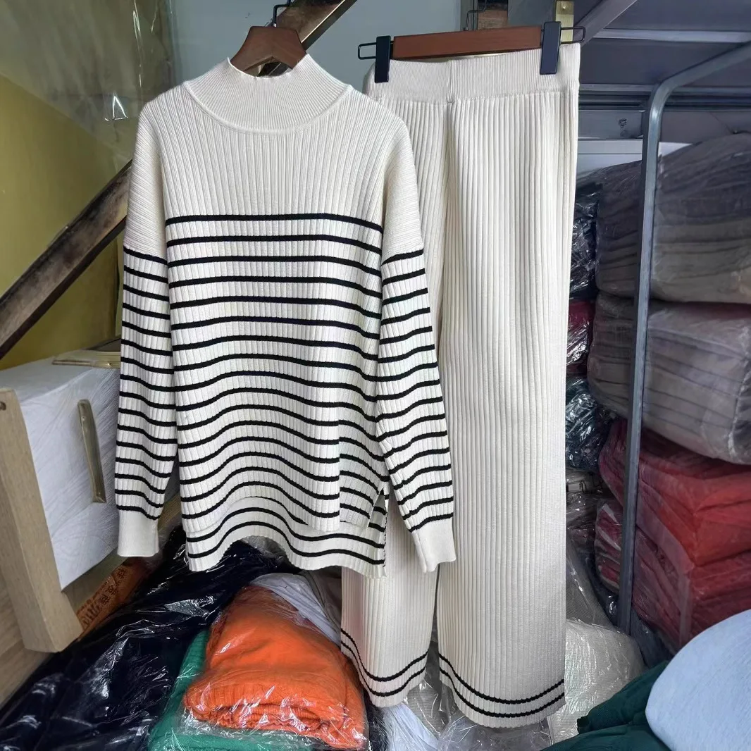 

2023 Autumn New Style Temperament Contrasting Color Slit Fashion Casual Long Sleeved Knitted High Waist Slimming Wide Leg Pants
