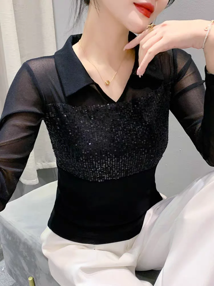 Spring Summer Women's Full Sleeve Mesh T-shirts Girls V Neck Sequined Stretchy Tshirt Top Femme Slim Black Tees