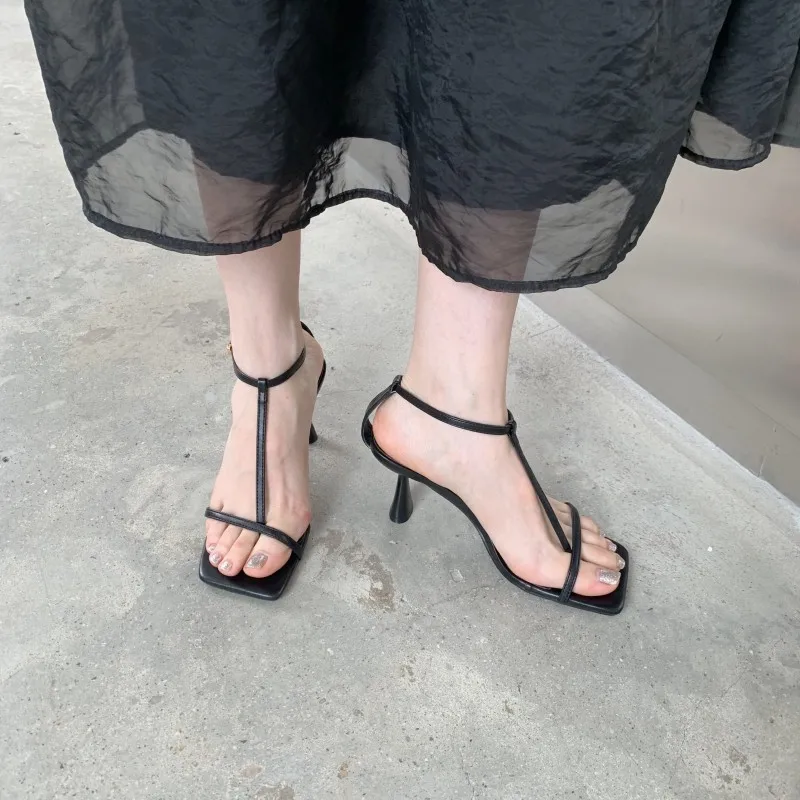 Sandals Stiletto Heels Low-Heeled Shoes With Strap Suit Female Beige 2024 Summer Open Toe Buckle Low-heeled Comfort High Black N