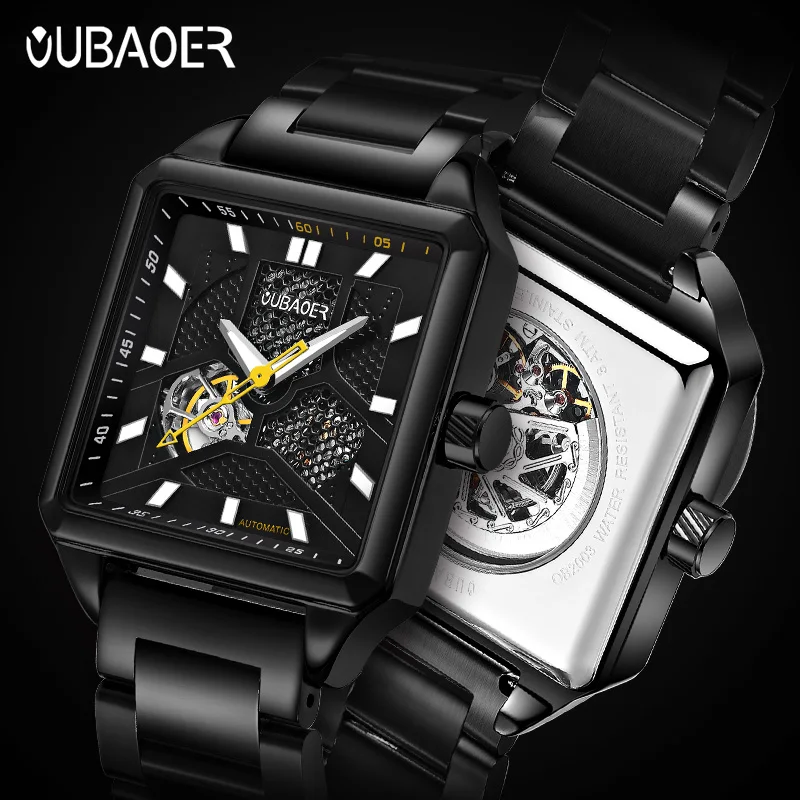 

OUBAOER новая распродажа наручные часы из нержавеющей стали скелетон механические часы мужские водонепроницаемые квадратные корпуса мужские модные классические часы
