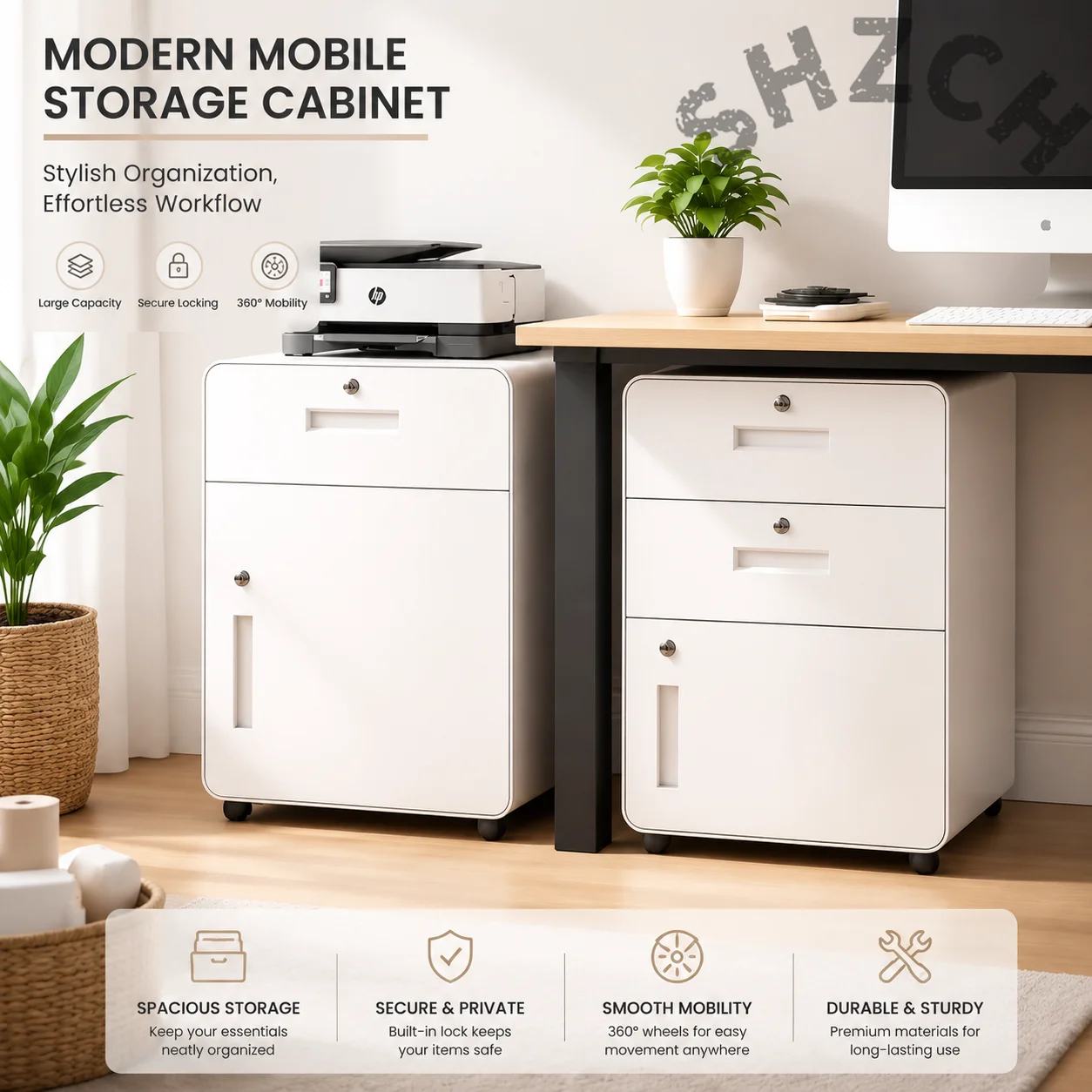 Lockable Metal File Cabinet with Casters, Under-Desk Storage Drawer for Office Printers and Cashier Stations