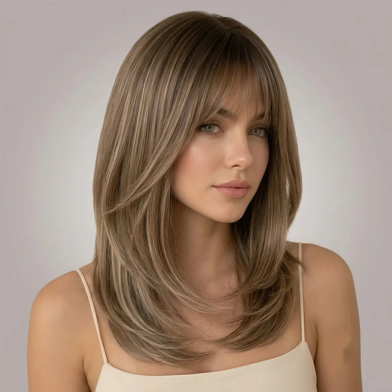 Light Brown Medium Length Layered Synthetic Wig with Bangs, Heat Resistant, Natural Looking for Women Daily & Office Wear