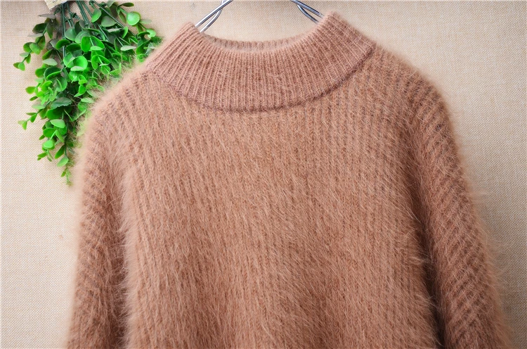 Female Women Fall Winter Clothing Thick Warm Hairy Angora Rabbit Hair Knitted Turtleneck Long Sleeves Loose Pullover Sweater Top