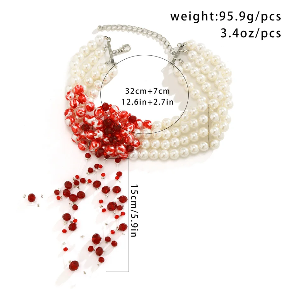 Goth Vintage Rote Blut Muster Imitation Perle Kette Halskette für Frauen Mi Braut Lange Quaste Perlen Anhänger Halloween Schmuck – Detail 1