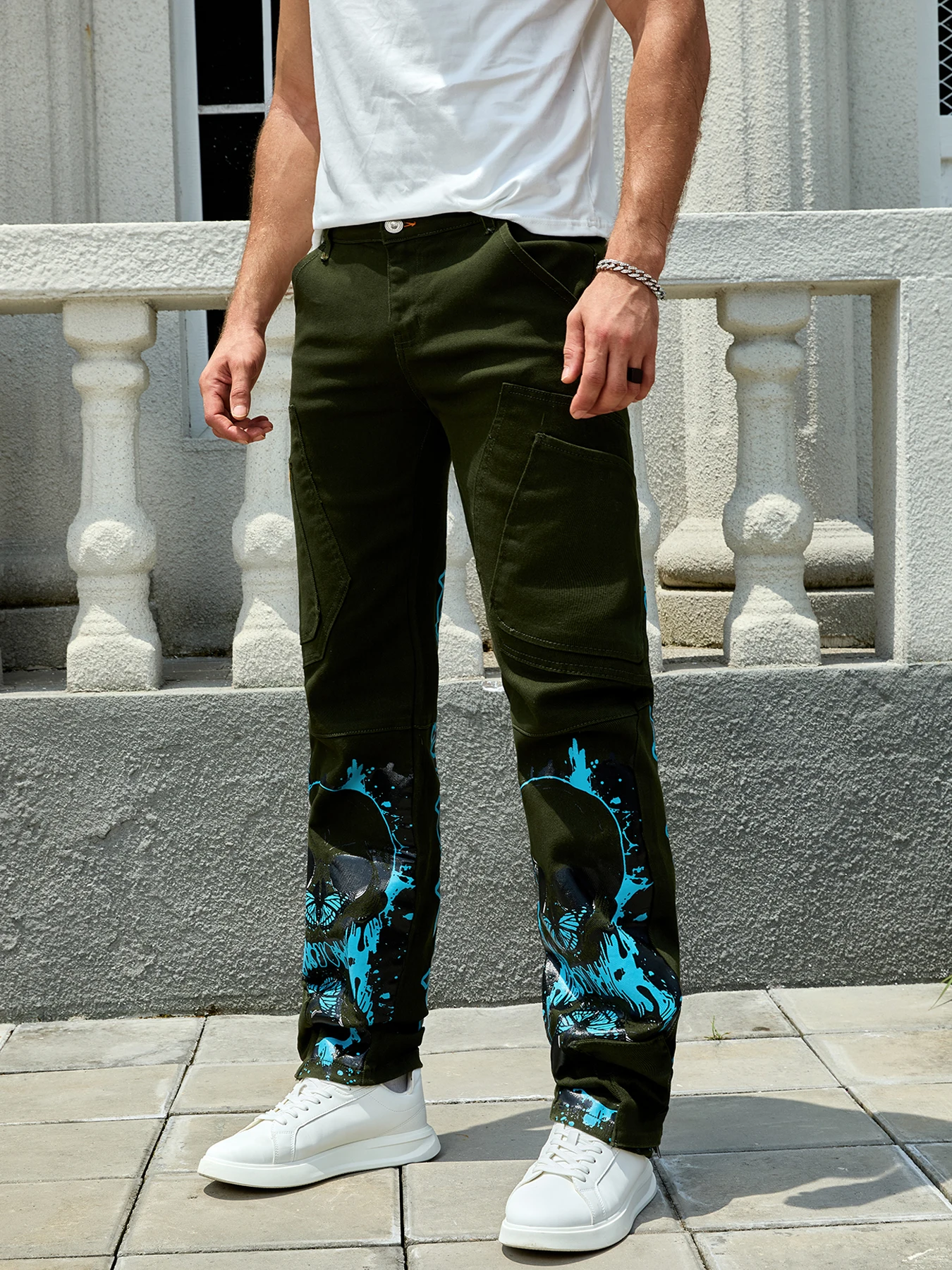 Men's Stretch Twill Trousers, Full Strip Print And Embroidery, Two Pockets In Front, Two Covers In Back With Open Zipper-11