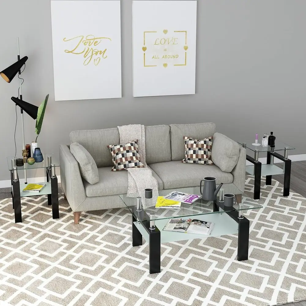 3-Piece Modern Glass Coffee Table Set with Side Table and Black Metal Frame for Living Room