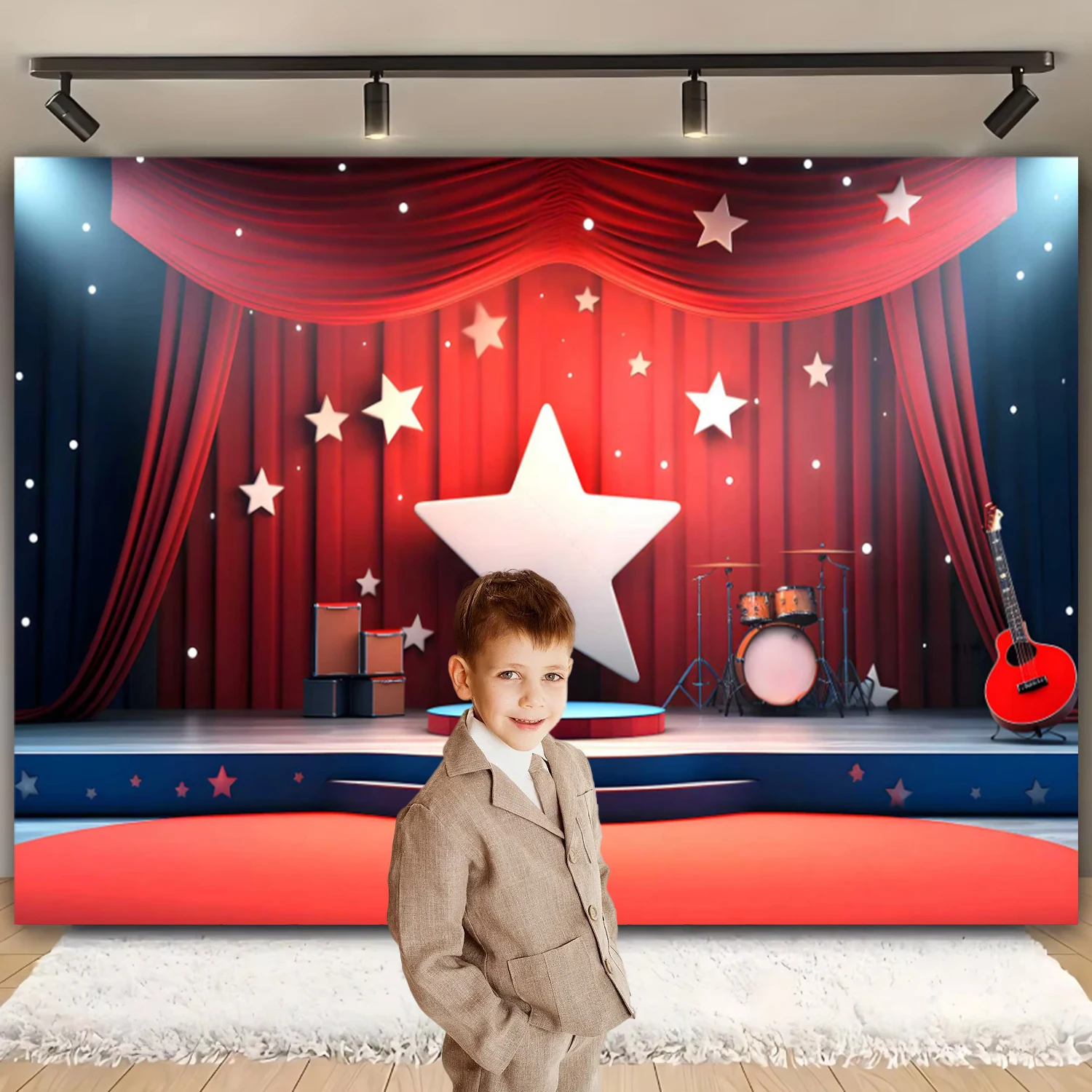 Guitar Drum Stand Theme Kids Performance Lighting Stage Background Boys and Girls School Talent Show Speech Music History Decor - Detail 1