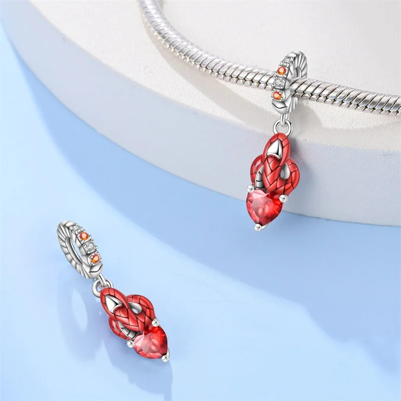 

925 Sterling Silver Mysterious Red Snake Charms Pendant For Women Fit Original Bracelet DIY Birthday Party Jewelry Gifts