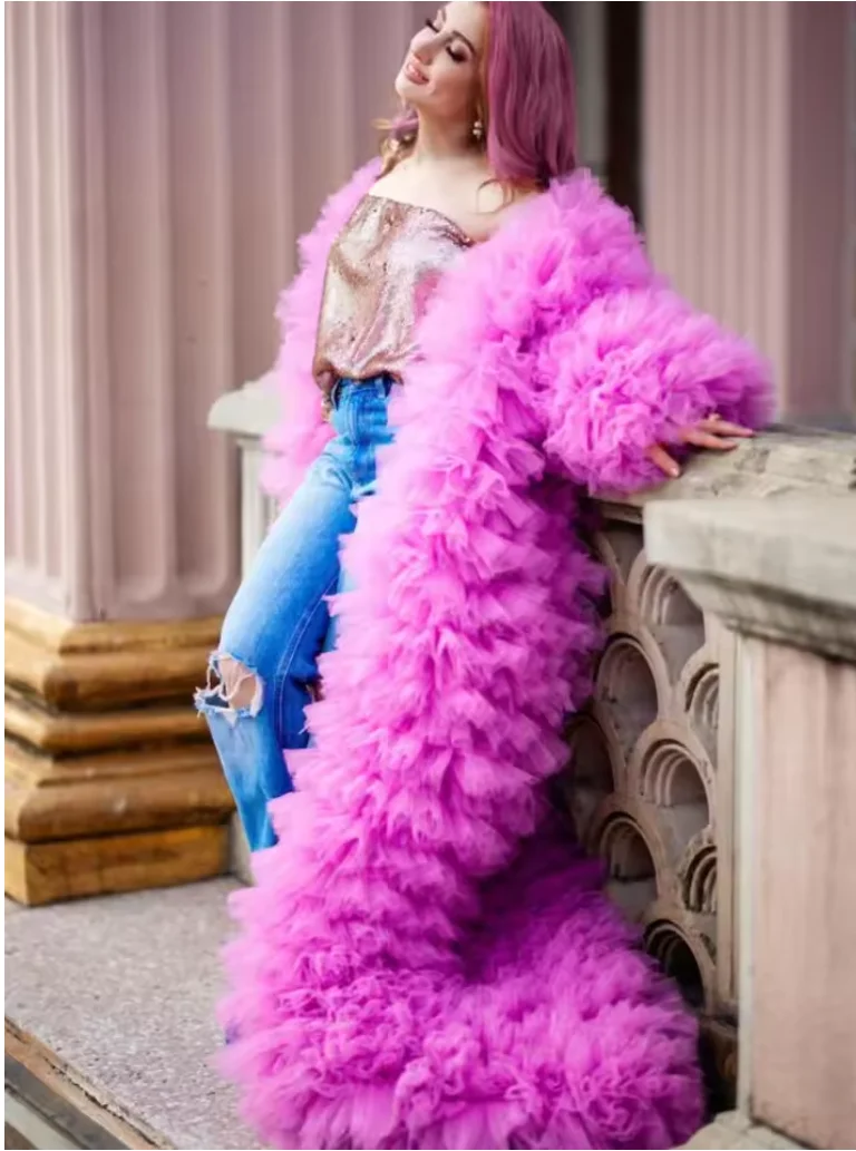 Mantello con volant Cappotto lungo da donna Giacca in tulle a maniche lunghe con strascico Abito con volant Kimino extra gonfio personalizzato