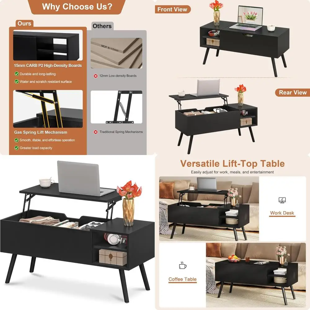 

Hidden Compartment Lift Top Coffee Table, 40 Solid Wood, Open Shelves for Living Room