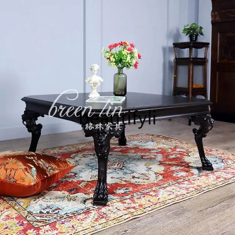 

French retro light luxury square coffee table solid wood living room coffee table carved casual coffee table