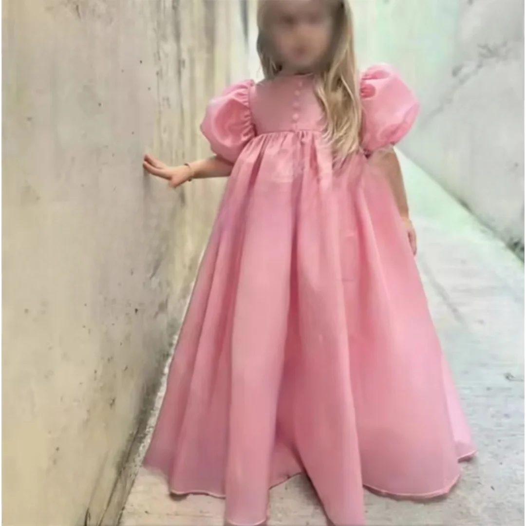 Girls Flower Girl Dress Puff Short Sleeve Satin Long Floor‑Length Kids Wedding Party Princess Pageant Formal Evening Gown