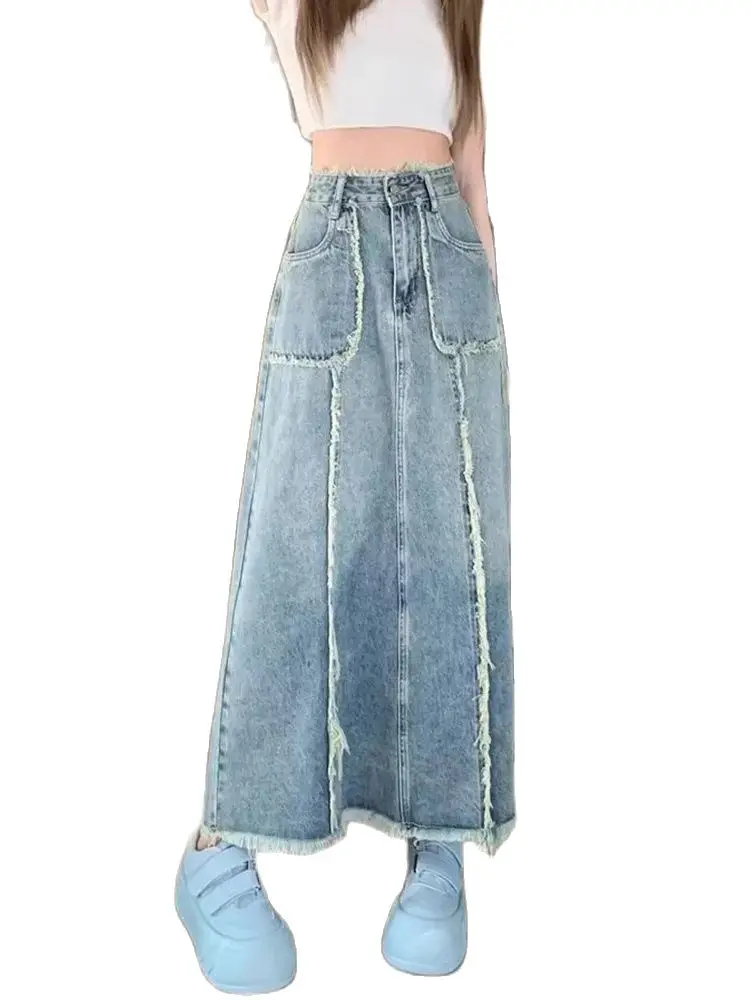 2024 Splicing Denim A-line Skirt Women's Slim Covering Crotch and Hip Covering Skirt Y2k High Waist Slim Fashion Harajuku Ins