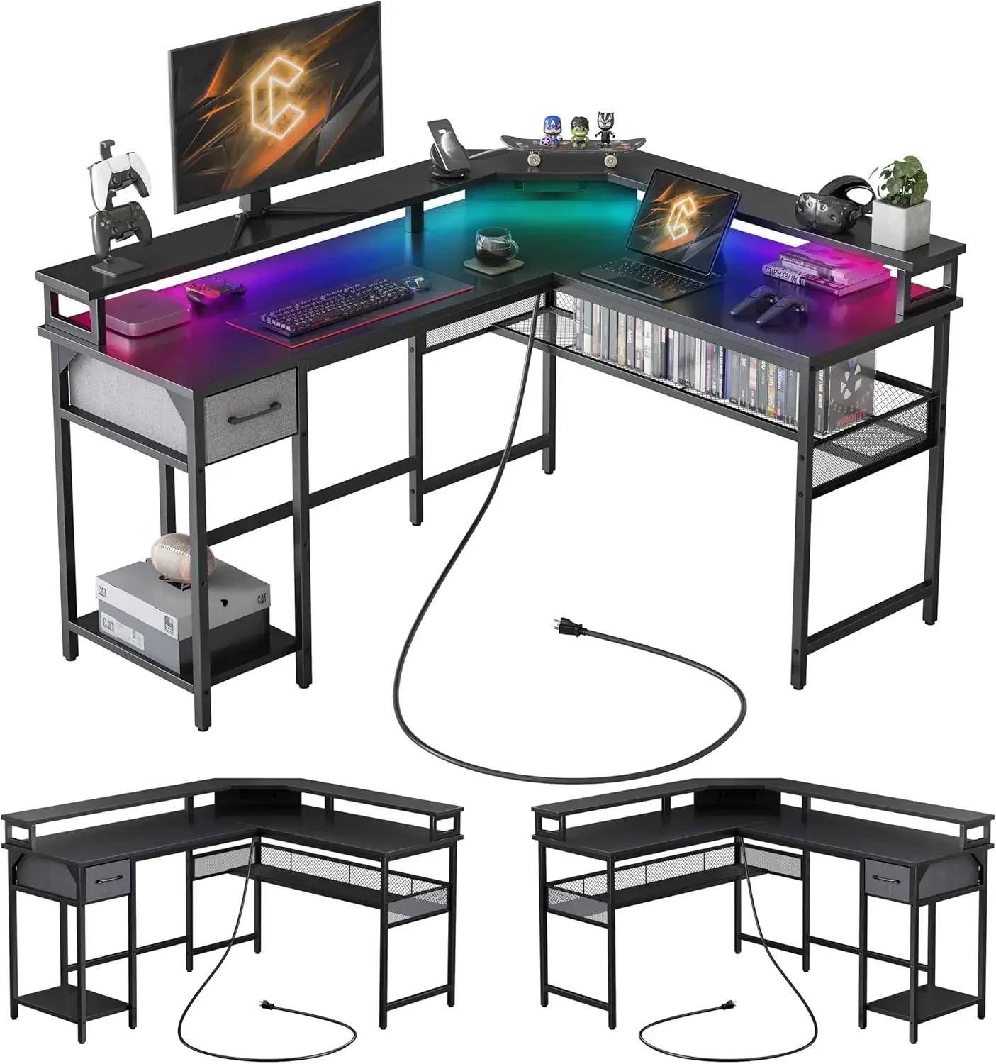 L Shaped Gaming Desk with LED Lights and Power Outlets, 58