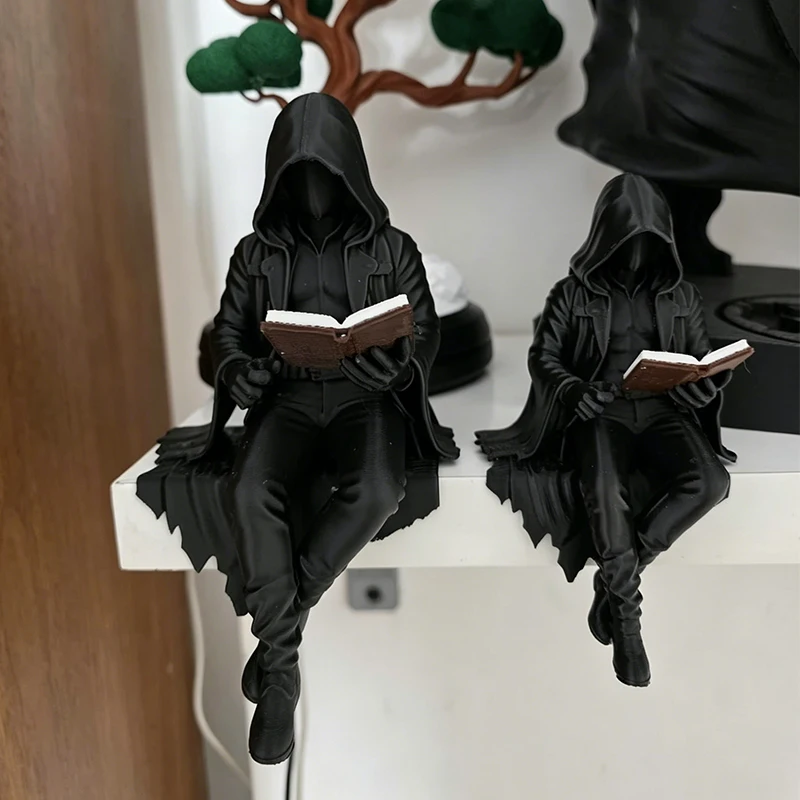 3D Printed Mysterious Man Reading Statue Black Cloak Scholar Figurine Desktop Bookshelf Decor Meditative Reader Ornament