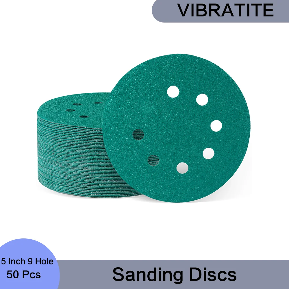 

5 Inch 9 Holes Sanding Discs 50 Pcs Assorted 80/120/150/180/220 Grits Hook and Loop Film Discs Sand Paper for Polishing Metal