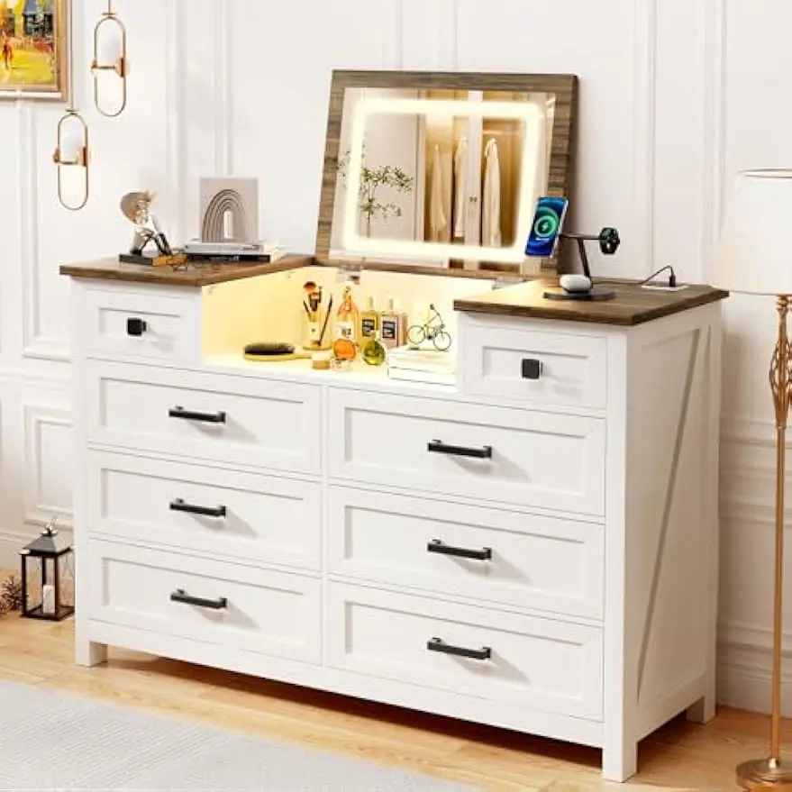 8 Drawer Dresser with Mirror, Charging Station, White Dresser, Farmhouse Makeup Vanity for Bedroom