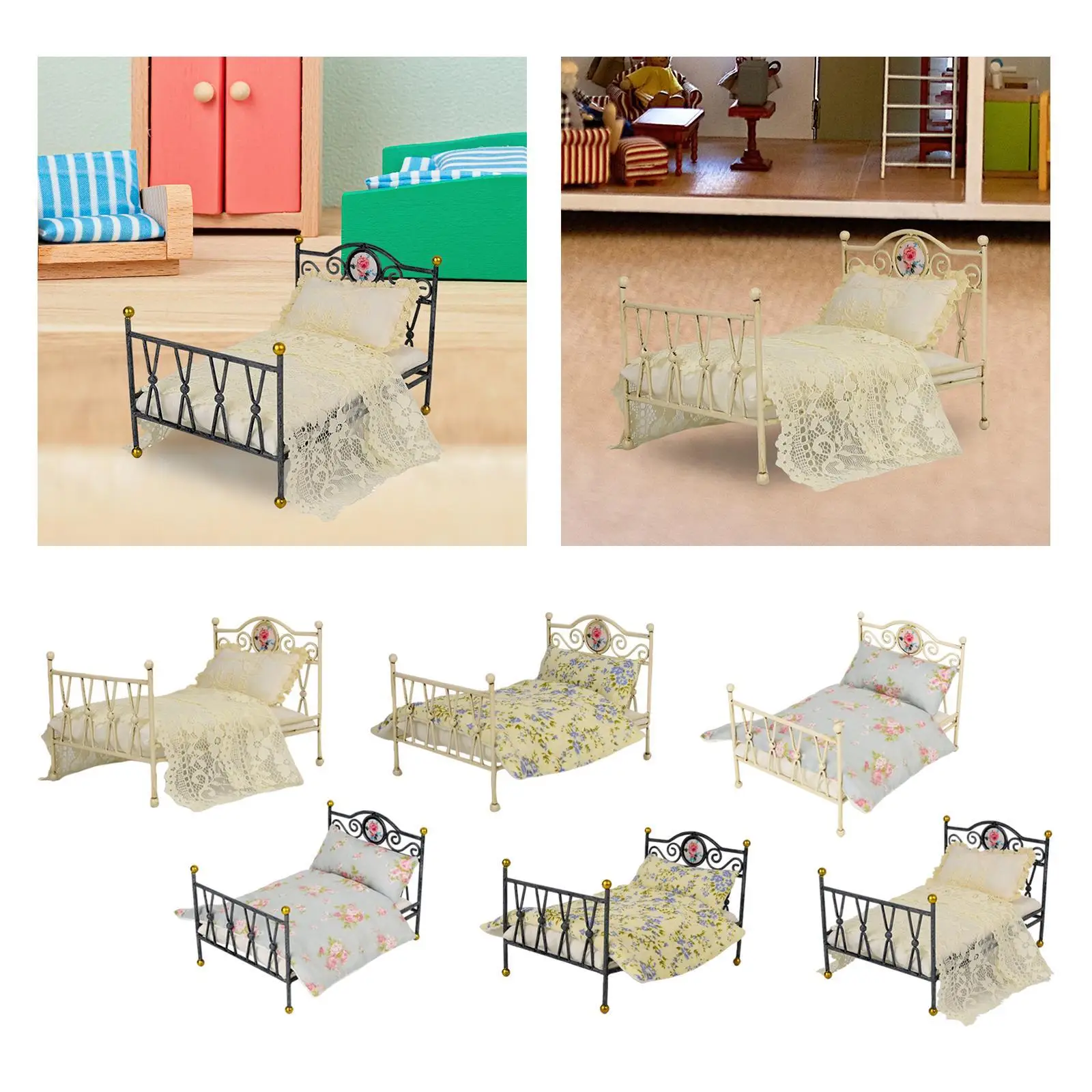 1/6 Dollhouse Bed Dollhouse Miniature Bed Bedroom Furniture Mini Bed for Room Bedroom