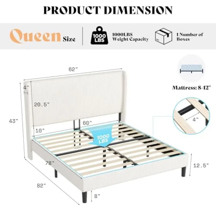 Bed Frame, Upholstered Platform Bed with Corduroy Headboard for Bedroom, Grey Fabric, Soft-Touch Texture and No Box Spring Requ