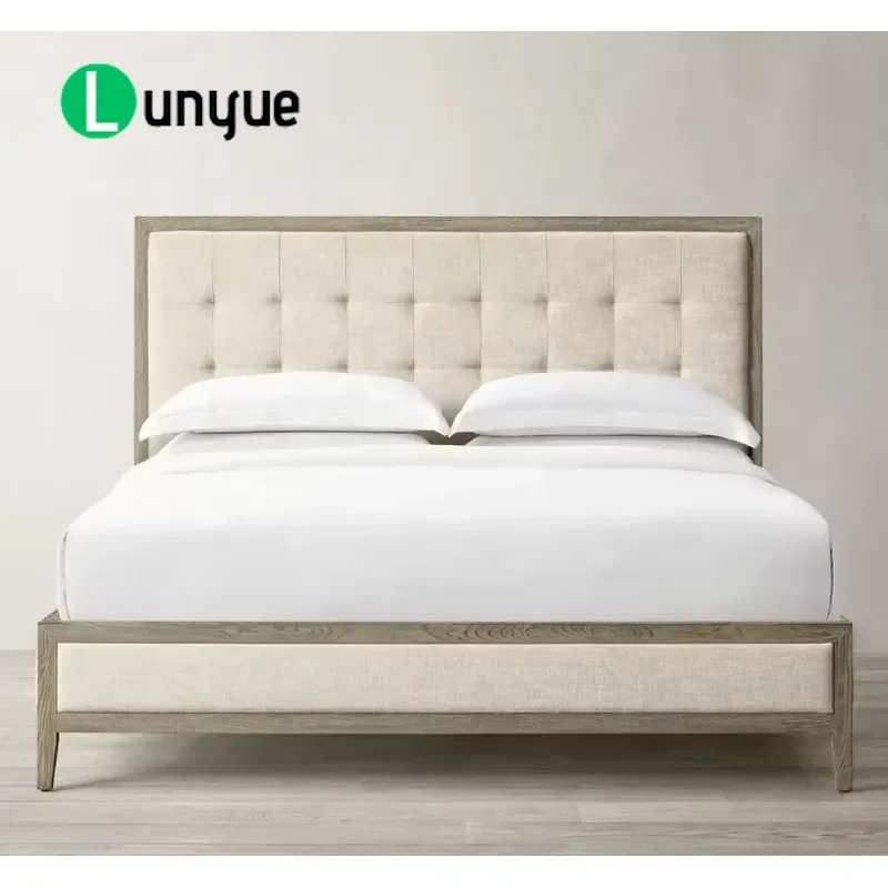 Luxury Modern French Contemporary Solid Oak King Queen Size Bed Soft Style Wooden Fabric Panel Headboard Bedroom Furniture