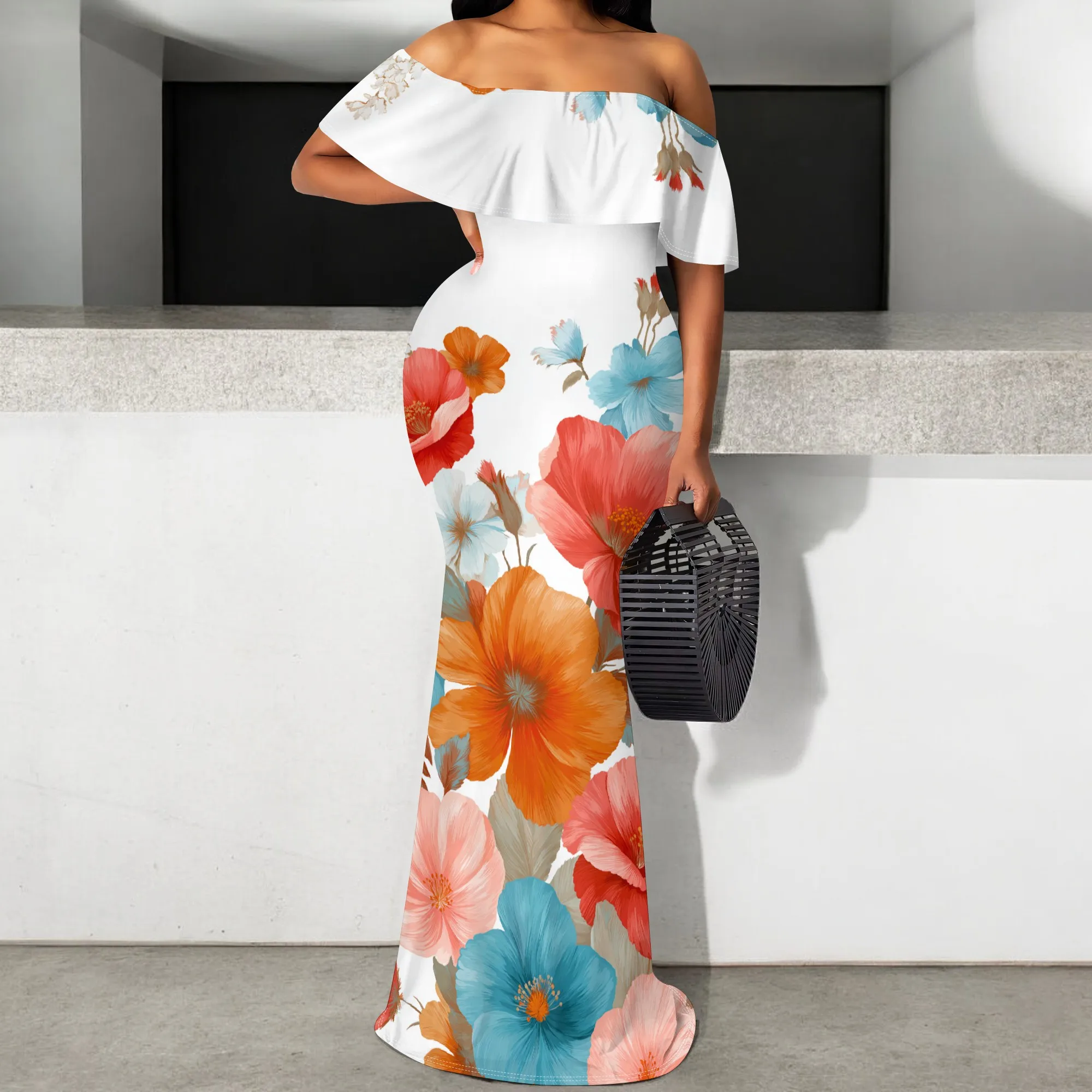 

Floral Print Maxi Dress S‑3XL Off Shoulder Ruffle Style Bodycon Fit for Beach Vacation, Garden Party or Summer Brunch Look