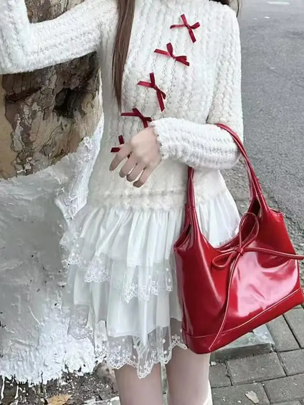 

Ballet Sle Underarm Bag Women's New 2024 Winter Versatile Red Bow Single oulder Bride Bag Buet ape PU Leather C...