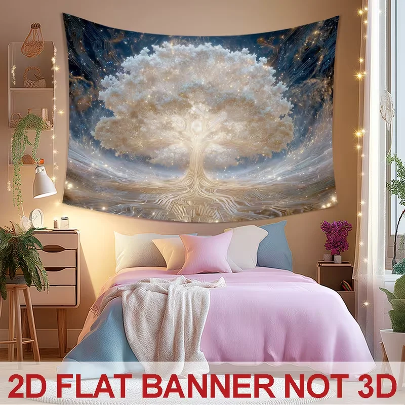 1PCS Digital Print Tapestry, Glowing White Tree of Life with Circuit Board Galaxy Background, Mystical Spiritual Cyberpunk Style