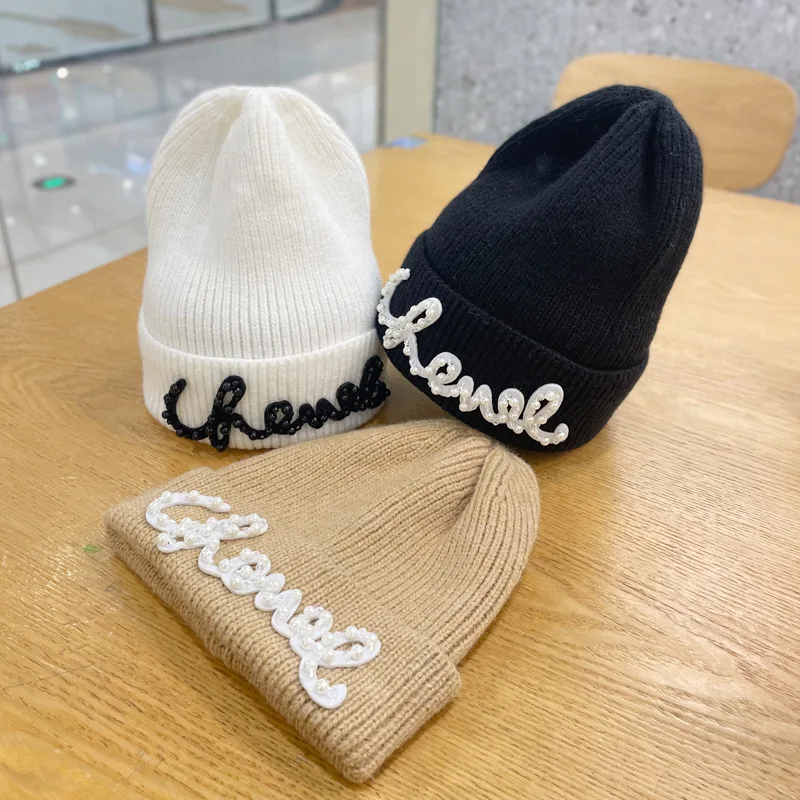 Beaded Letters Woolen Hat Fashion Solid Color High Elastic Beanie Women Hat Autumn Winter Warm Thicke Ear Protection Knitted Hat