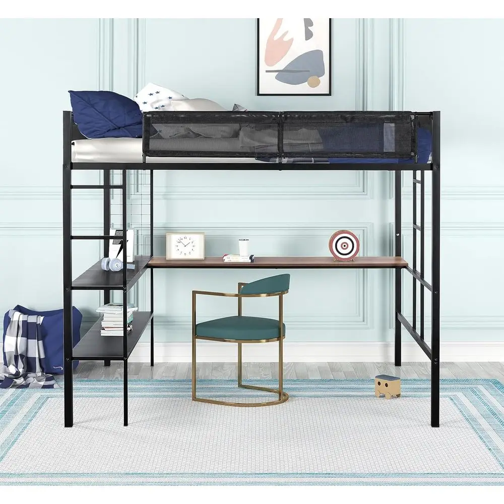 

Heavy-Duty Loft Bed with Shelves, Desk, and Textile Guardrail - Space-Saving for Small Rooms, Black