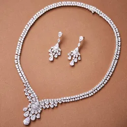Designer Style Necklace Bracelet Earrings Women Lady Inlay Pyriform White Cubic Zircon Pear-shaped Tassels Pendant Jewelry Sets